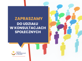 Na grafice napis "zapraszamy do udziałuw konsultacjach społecznych" oraz rysunki ludzi z dymkami do rozmowy